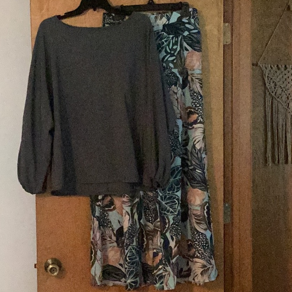 Charcoal Top and Tropical Print Skirt Set